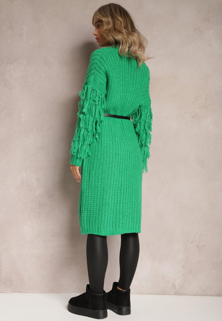lily rose Cardigan Lung Verde deschis Tricotat cu Franjuri Decorative și Curea Mesfin