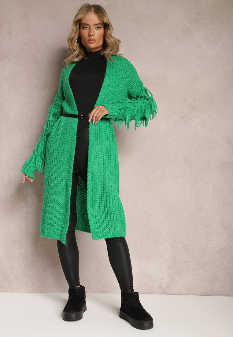 lily rose Cardigan Lung Verde deschis Tricotat cu Franjuri Decorative și Curea Mesfin