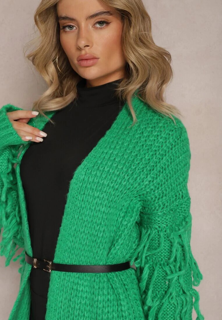 lily rose Cardigan Lung Verde deschis Tricotat cu Franjuri Decorative și Curea Mesfin