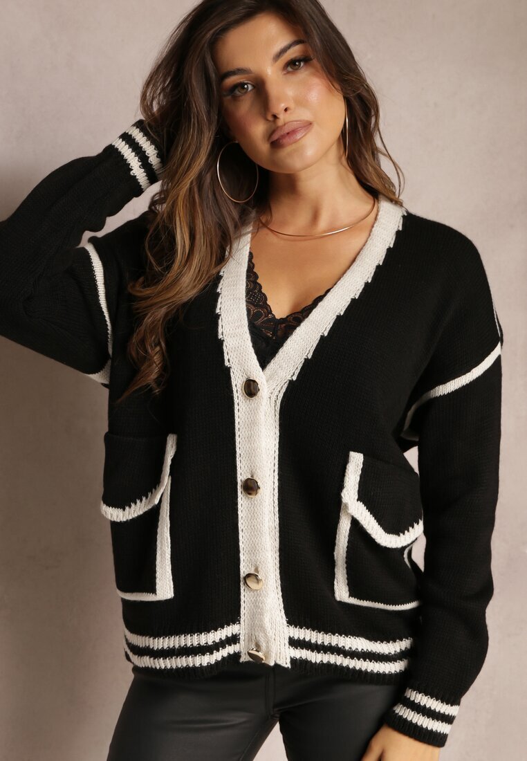 lily rose Cardigan Negru cu Butoane Metalice și Margini Decorative Abovza