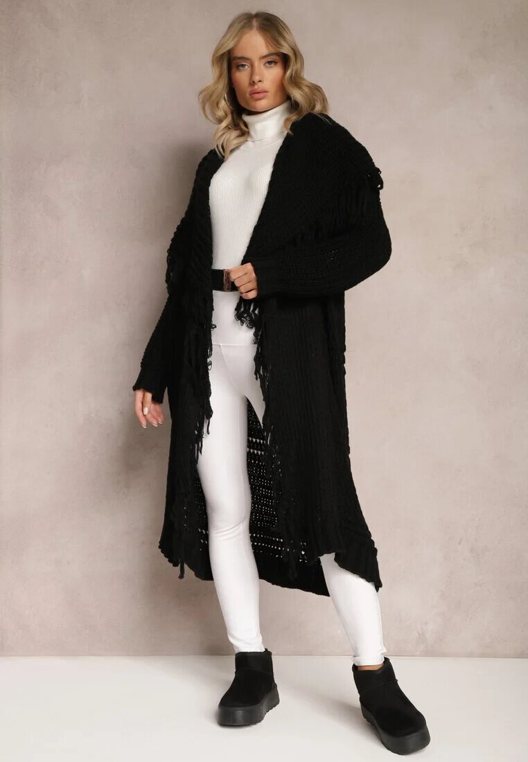 lily rose Cardigan Negru Deschis Lung Cu franjuri Finantia