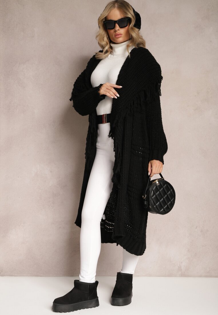 lily rose Cardigan Negru Deschis Lung Cu franjuri Finantia