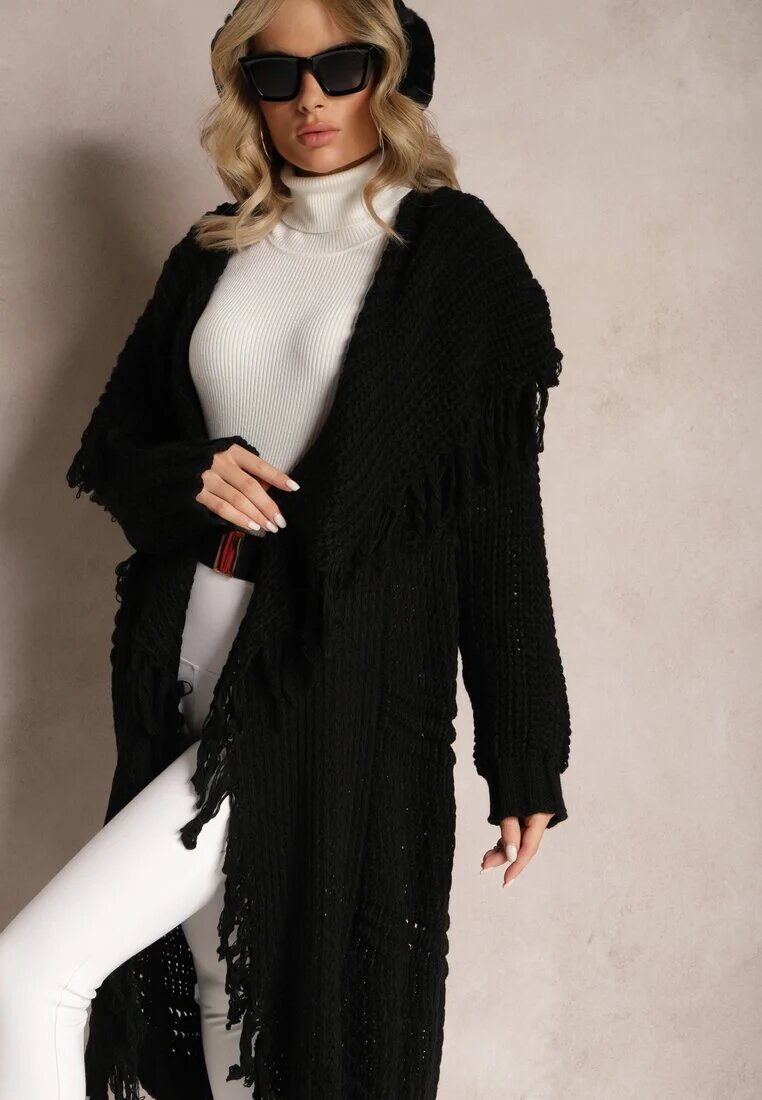 lily rose Cardigan Negru Deschis Lung Cu franjuri Finantia
