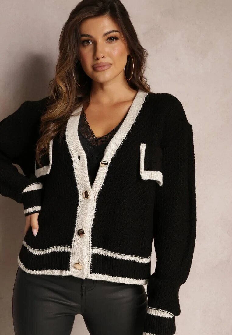 lily rose Cardigan Negru din Tricot cu Bordură Decorativă și Nasturi Amesta
