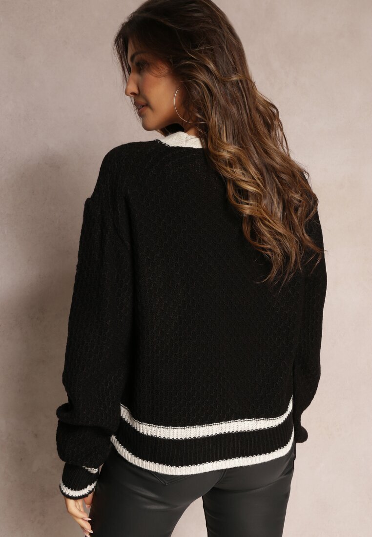lily rose Cardigan Negru din Tricot cu Bordură Decorativă și Nasturi Amesta