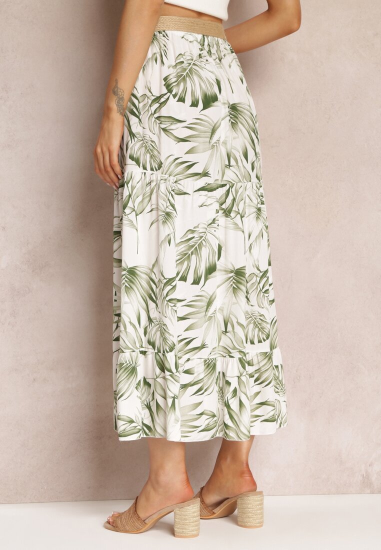 lily rose Fustă Alb-Verde Maxi din Viscoză cu Elastic în Talie și Curea Împletită Favemi