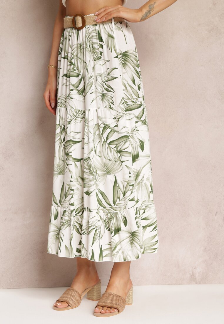 lily rose Fustă Alb-Verde Maxi din Viscoză cu Elastic în Talie și Curea Împletită Favemi
