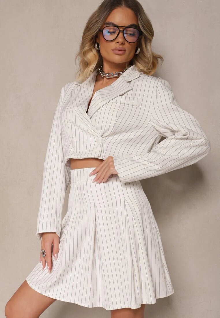 lily rose Fustă Albă Cloș cu pliuri Decorată cu model subtil în dungi Redamira