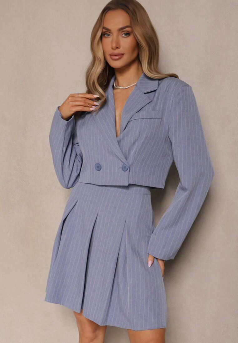 lily rose Fustă Evazată Albastră cu Pliuri Decorată cu un Model Subtil în Dungi Redamira