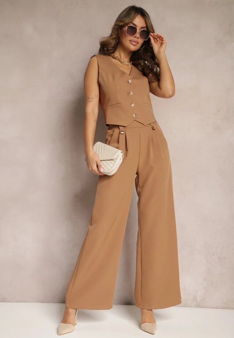 lily rose Pantaloni evazați maro eleganți cu clape decorative la talie Nattas