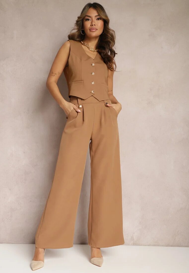 lily rose Pantaloni evazați maro eleganți cu clape decorative la talie Nattas