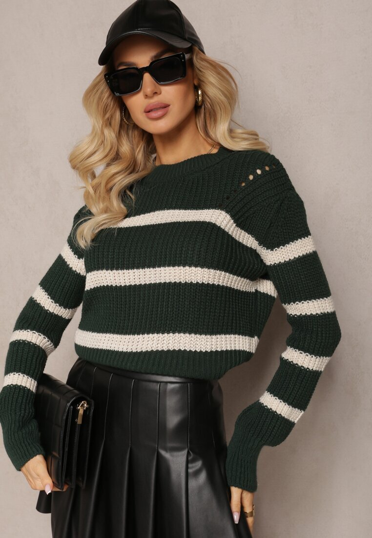 lily rose Pulover Elastic Verde închis în dungi cu decolteu rotund Lillana