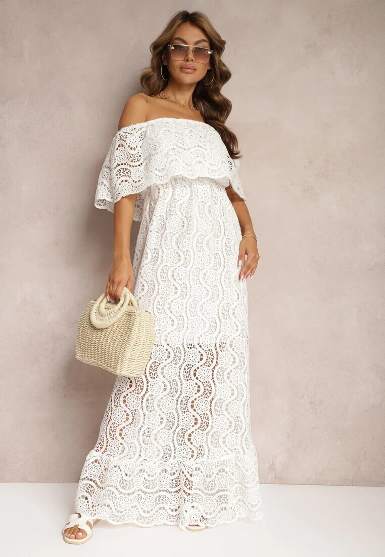 lily rose Rochie Albă Ajurată din Bumbac cu Decolteu Tip Carmen Finisată cu Elastic în Talie Helavia
