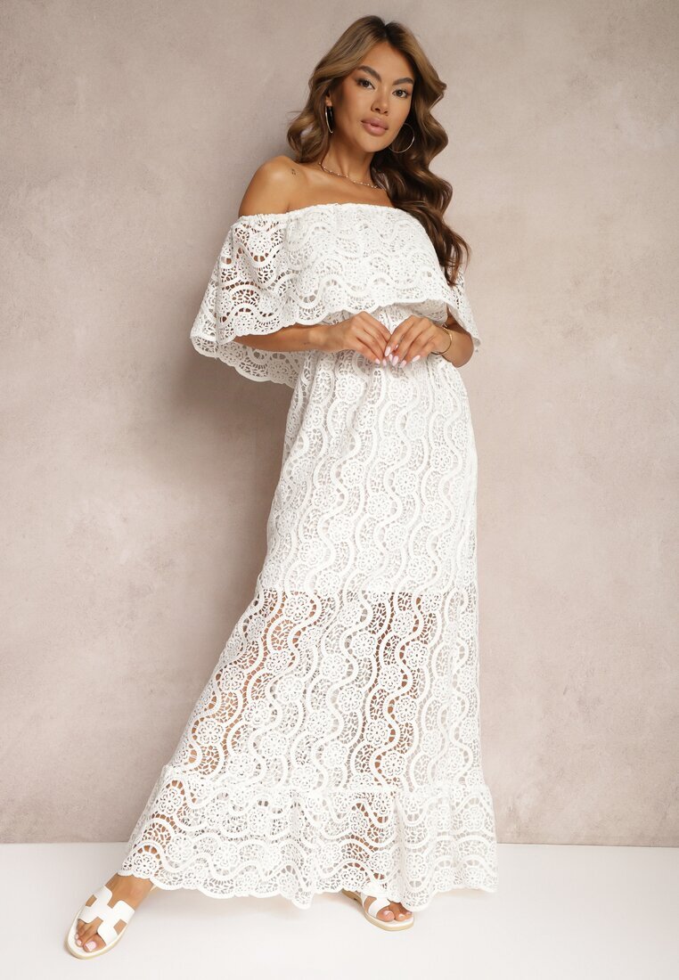 lily rose Rochie Albă Ajurată din Bumbac cu Decolteu Tip Carmen Finisată cu Elastic în Talie Helavia