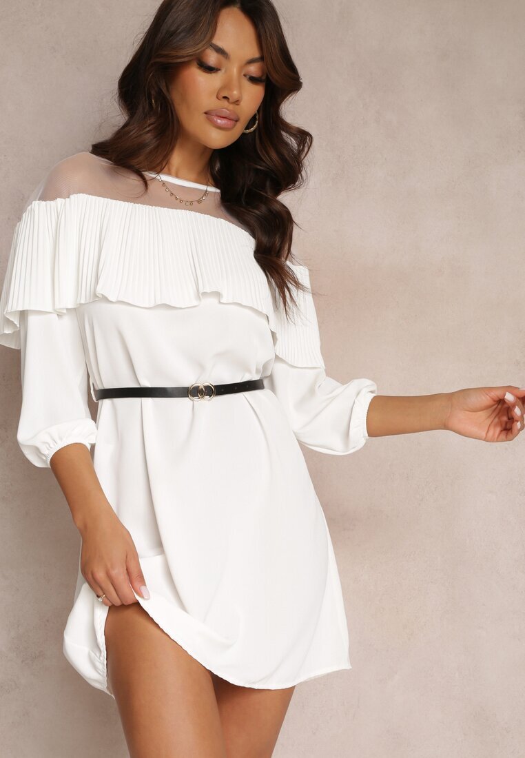 lily rose Rochie Albă cu Decolteu Decorativ cu Volan și Curea în Set Loretia