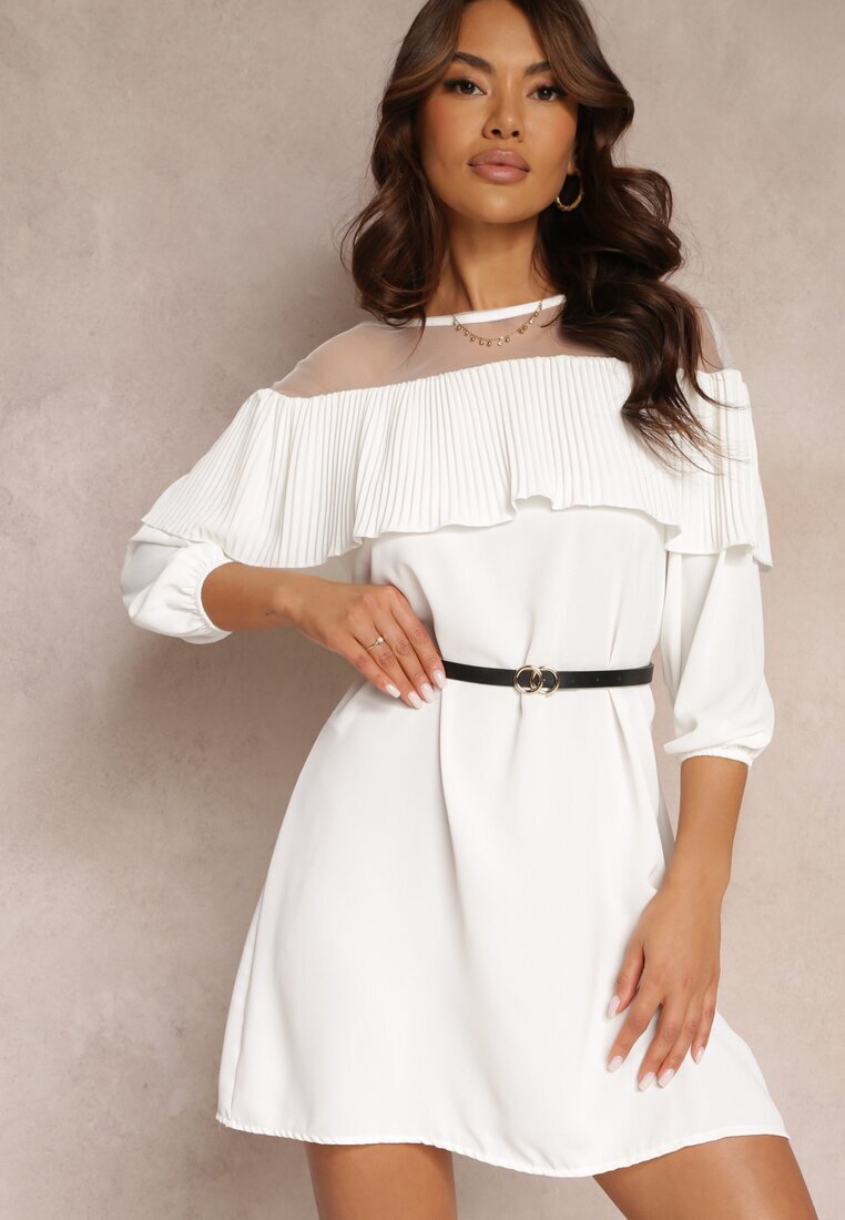 lily rose Rochie Albă cu Decolteu Decorativ cu Volan și Curea în Set Loretia