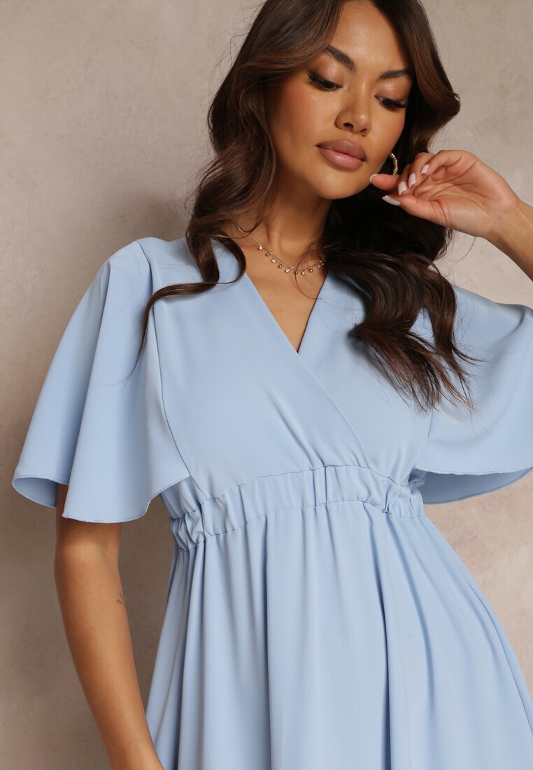 lily rose Rochie Albastră cu Elastic în Talie Mânecă Scurtă și Decolteu Plic Kelila