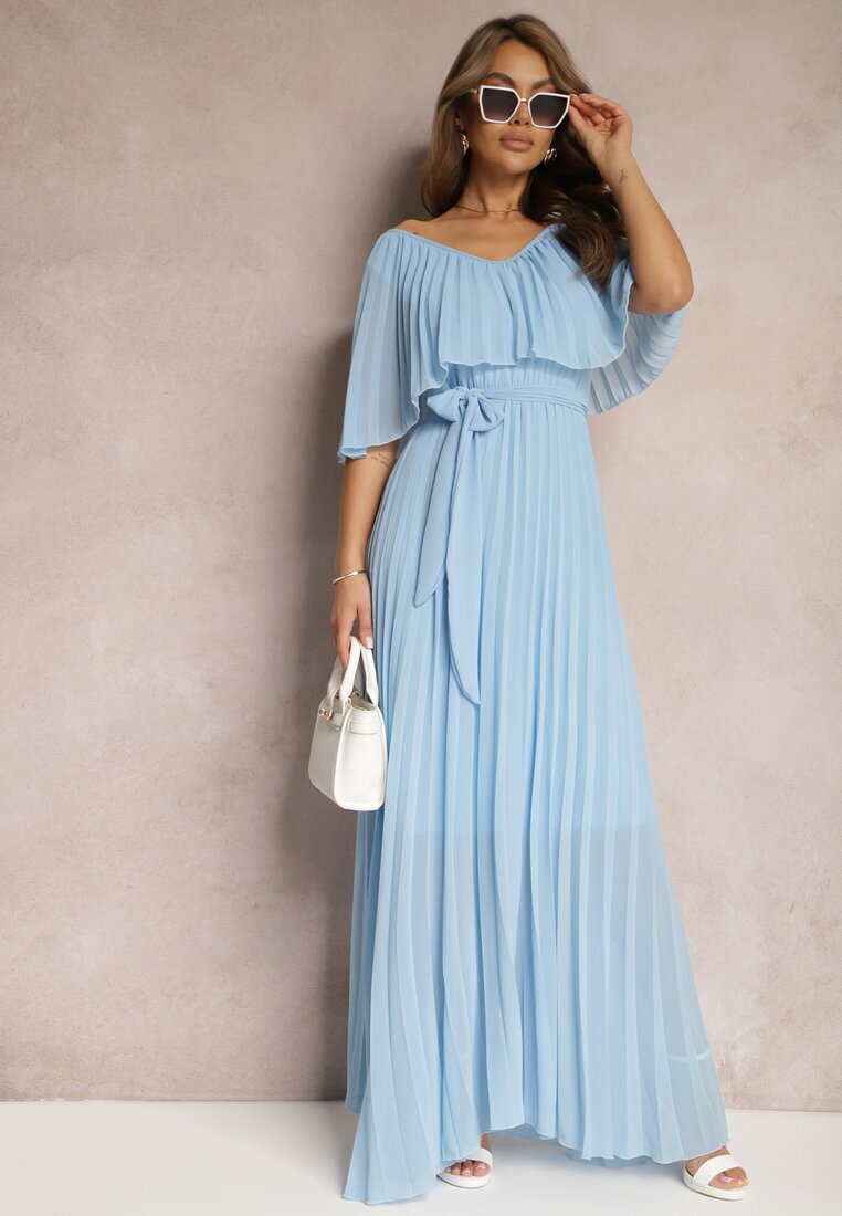 lily rose Rochie Albastră Plisată cu elastic în talie cu volan la decolteu Drenia
