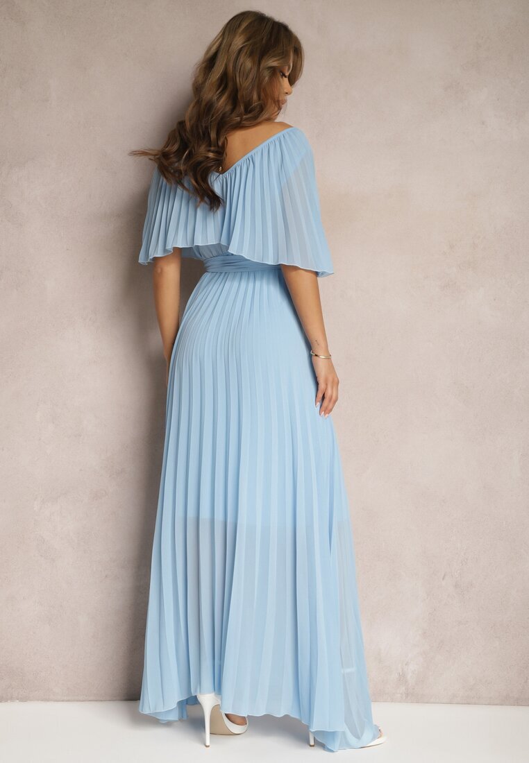lily rose Rochie Albastră Plisată cu elastic în talie cu volan la decolteu Drenia