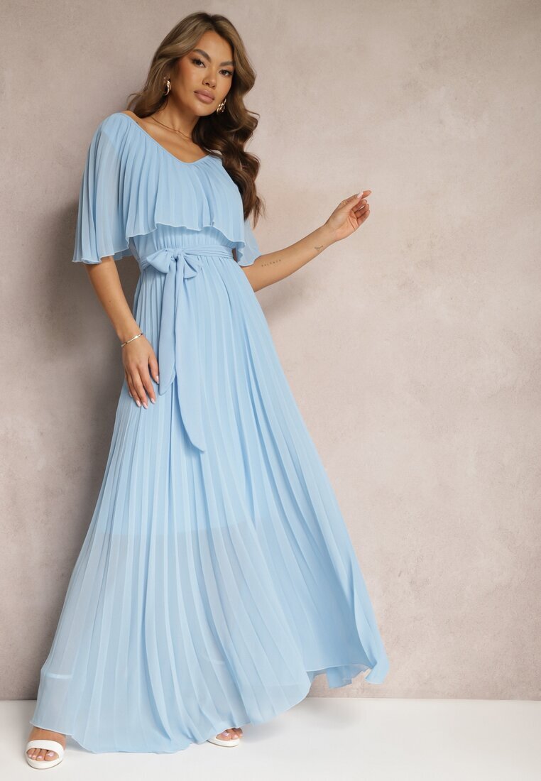 lily rose Rochie Albastră Plisată cu elastic în talie cu volan la decolteu Drenia