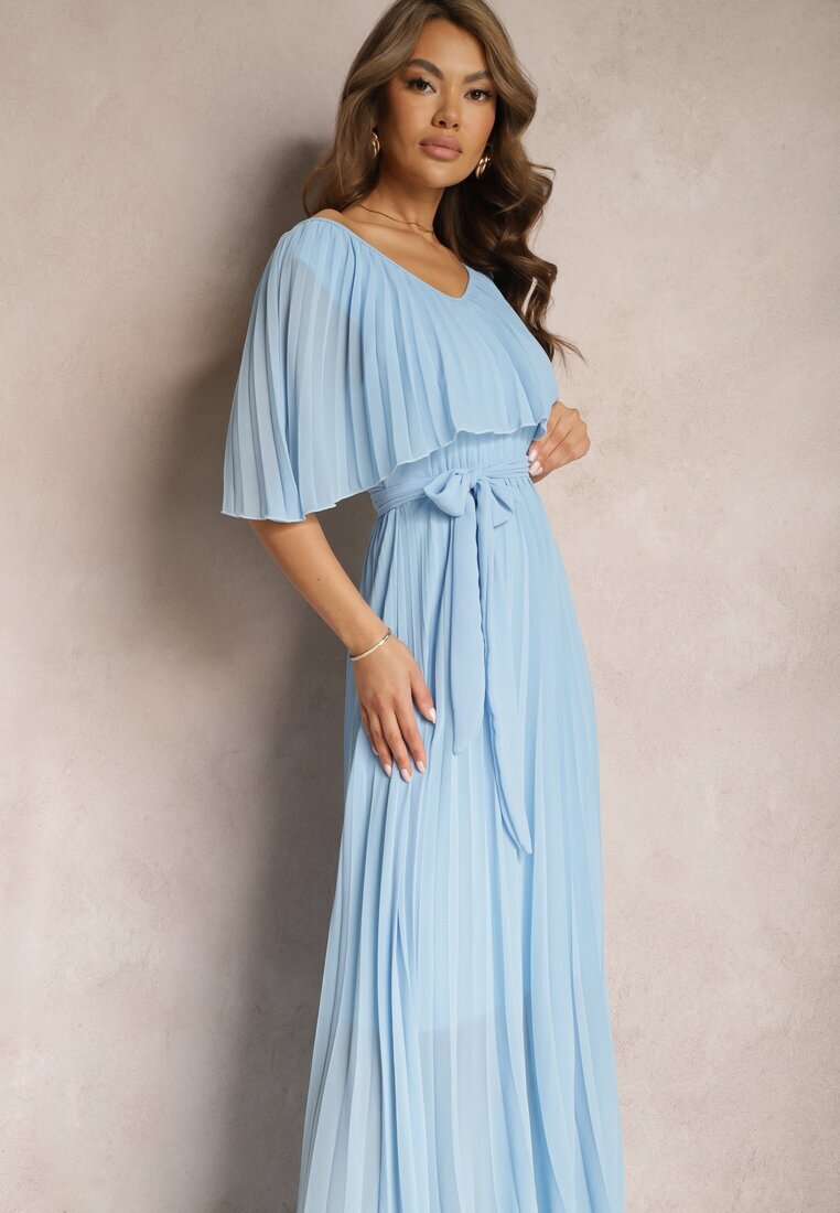 lily rose Rochie Albastră Plisată cu elastic în talie cu volan la decolteu Drenia