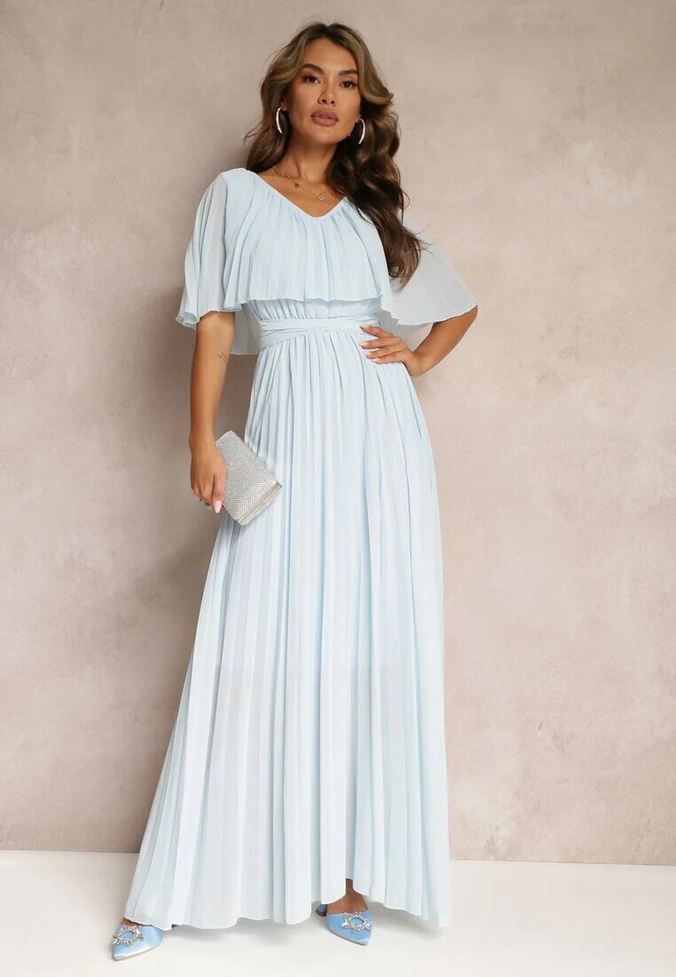 lily rose Rochie Albastru deschis Plisată cu elastic în talie cu volan la decolteu Drenia