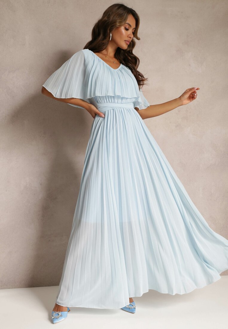 lily rose Rochie Albastru deschis Plisată cu elastic în talie cu volan la decolteu Drenia