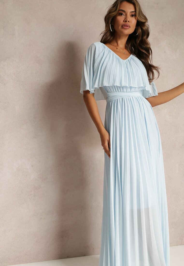 lily rose Rochie Albastru deschis Plisată cu elastic în talie cu volan la decolteu Drenia