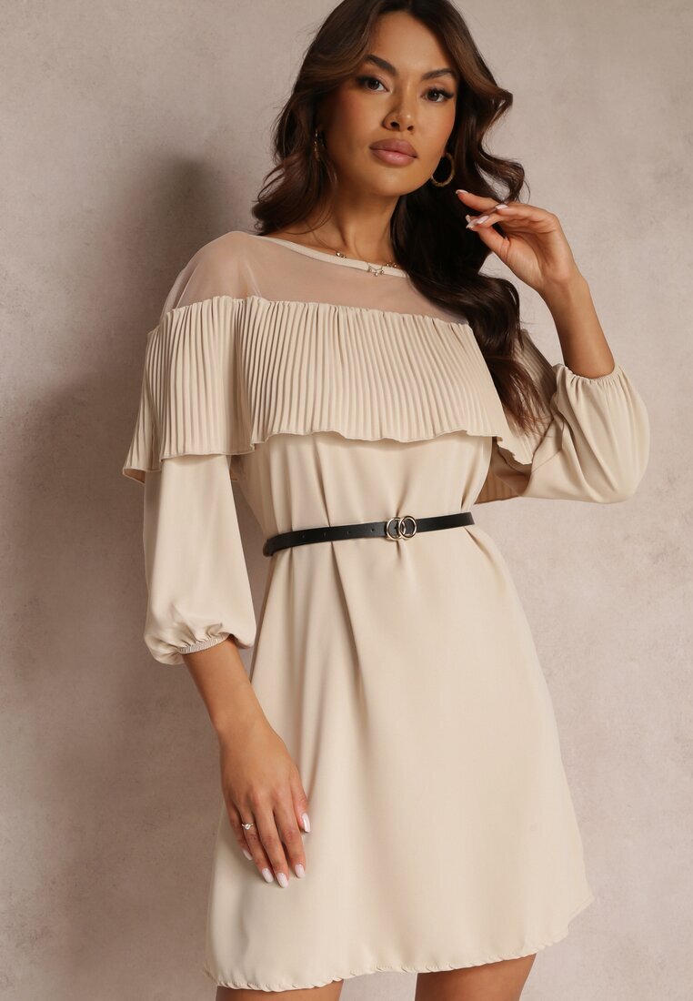 lily rose Rochie Bej cu Decolteu Decorativ cu Volan și Curea Inclusă Loretia