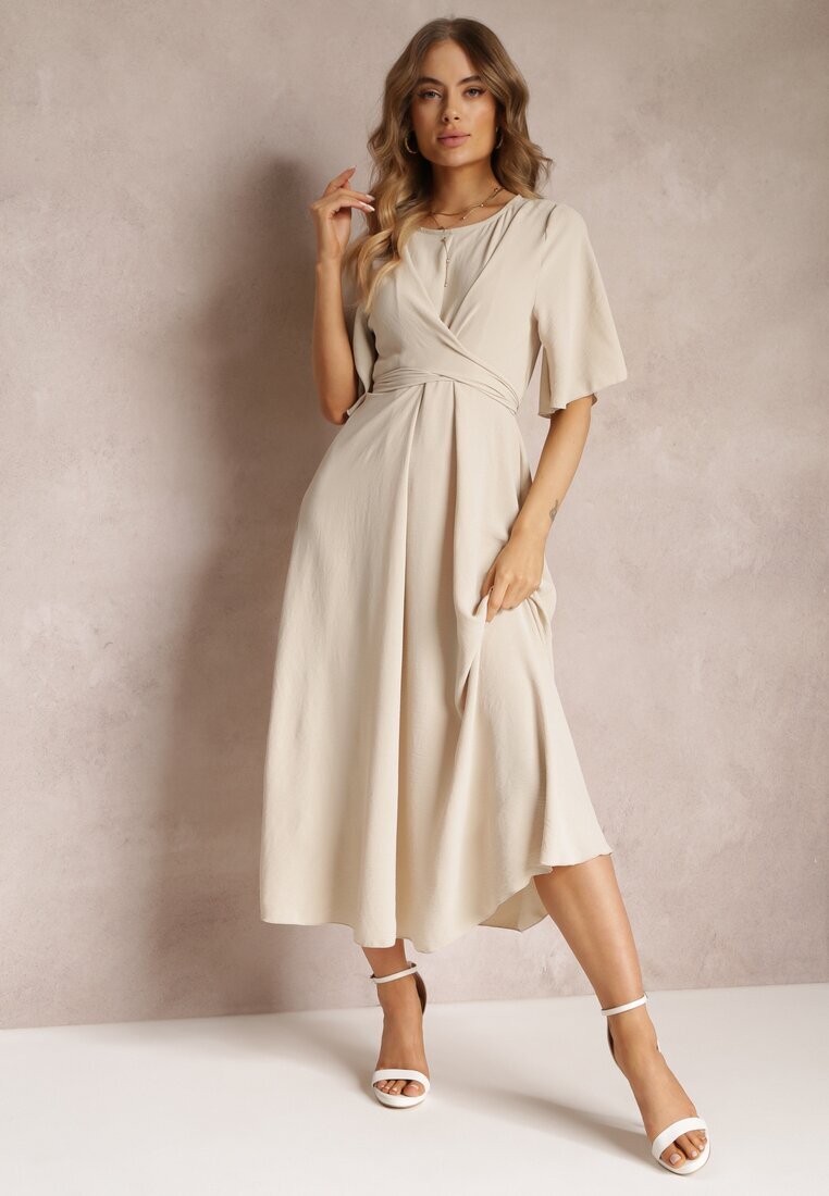 lily rose Rochie bej evazată maxi cu mânecă largă și elastic în talie Sador