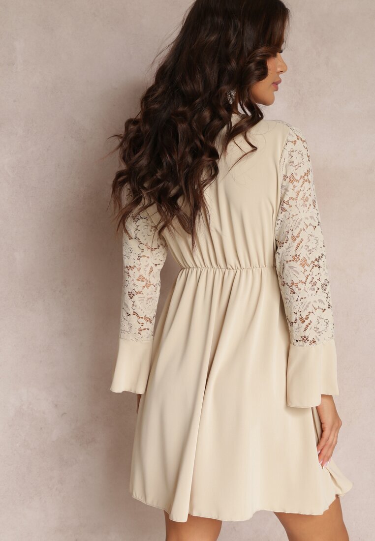 lily rose Rochie Bej Mini cu Elastic în Talie și Mâneci din Dantelă Cobham