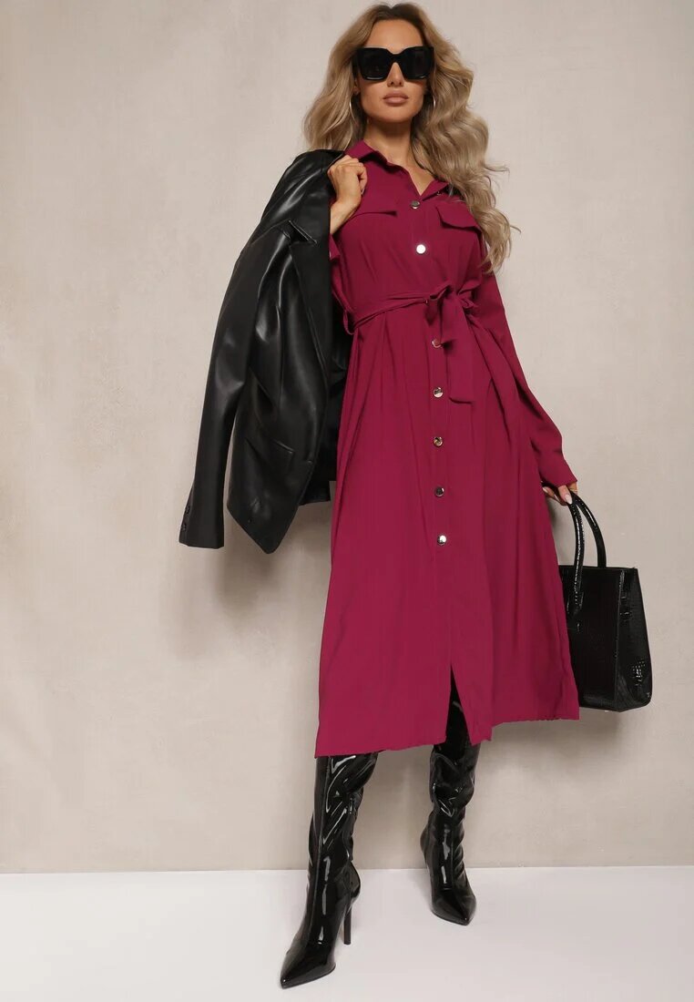 lily rose Rochie Bordeaux Evazată cu croială tip cămașă cu nasturi Legată în talie Kortiana