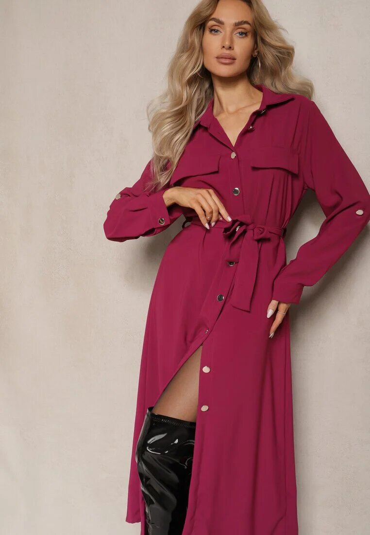 lily rose Rochie Bordeaux Evazată cu croială tip cămașă cu nasturi Legată în talie Kortiana