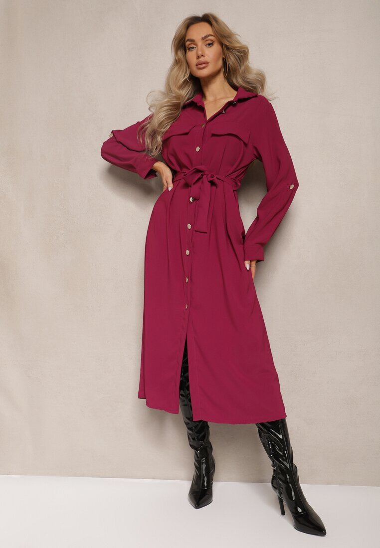 lily rose Rochie Bordeaux Evazată cu croială tip cămașă cu nasturi Legată în talie Kortiana