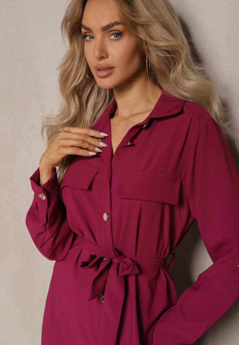 lily rose Rochie Bordeaux Evazată cu croială tip cămașă cu nasturi Legată în talie Kortiana