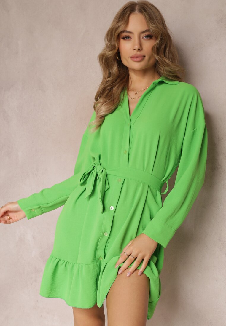 lily rose Rochie Cămașă Verde cu Volan și Curea Legată Neitra