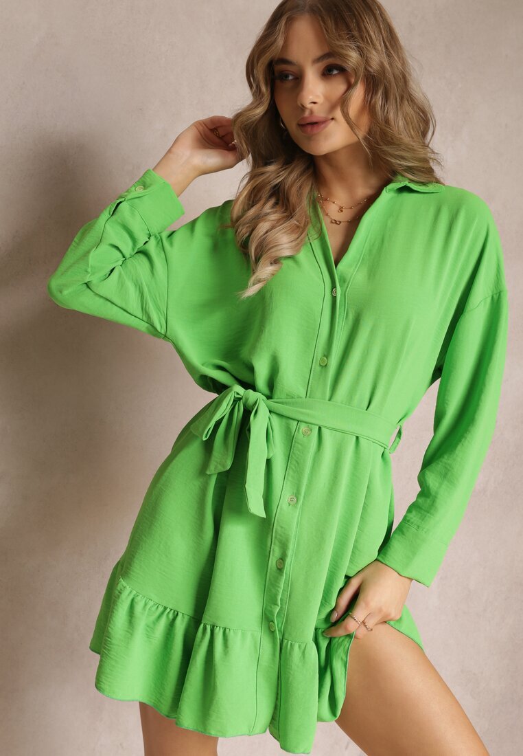 lily rose Rochie Cămașă Verde cu Volan și Curea Legată Neitra