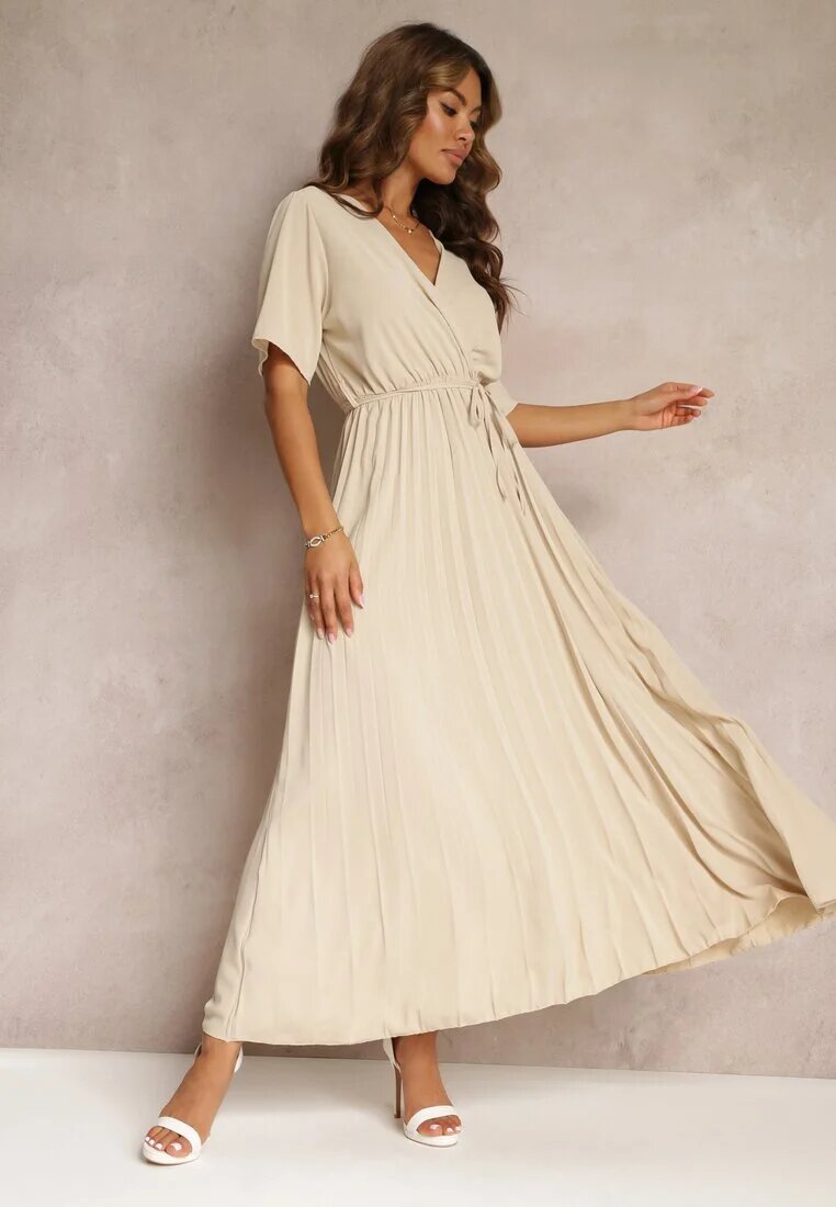 lily rose Rochie Evazată Bej Plisată cu cordon legat Eilemona