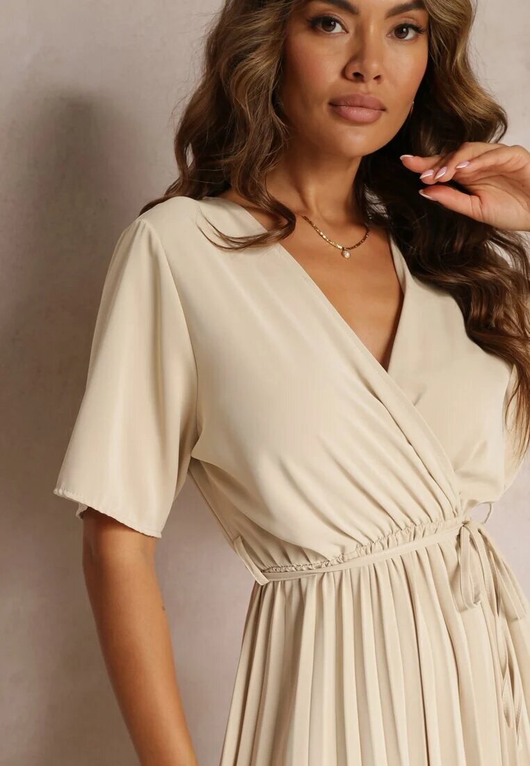 lily rose Rochie Evazată Bej Plisată cu cordon legat Eilemona