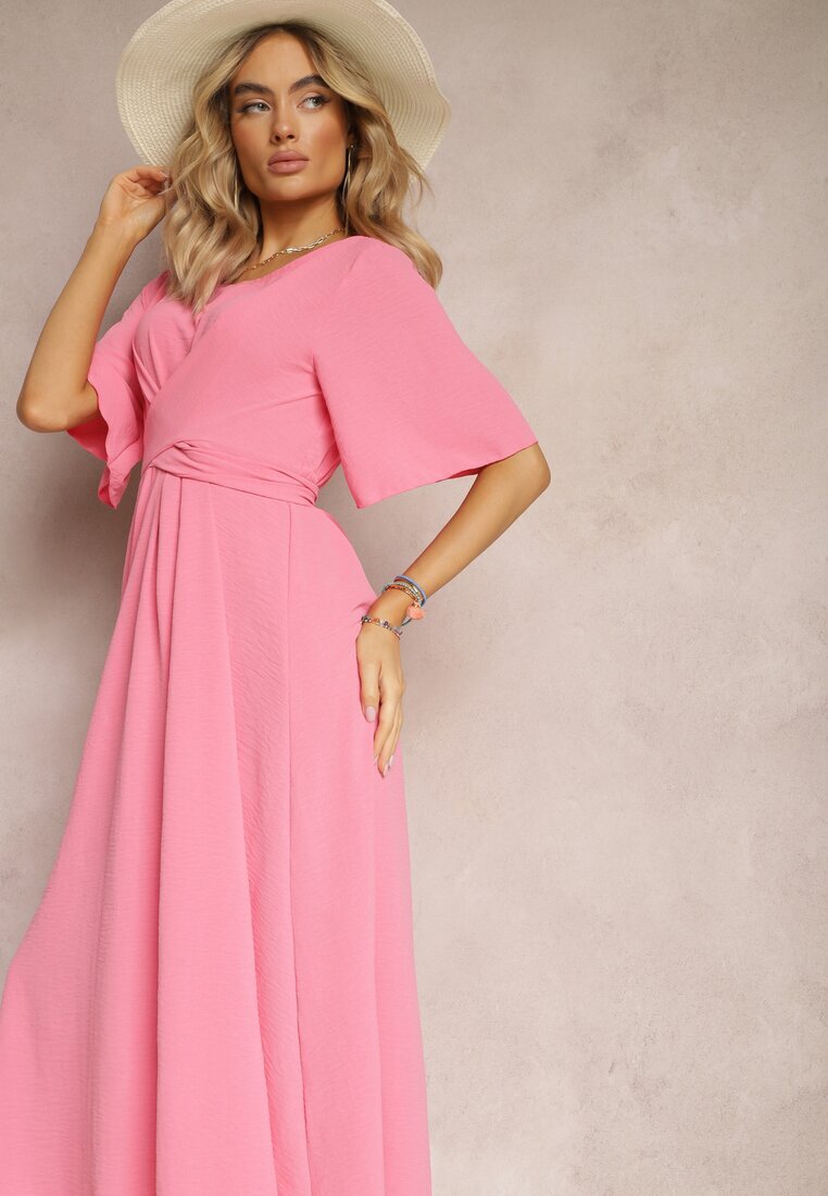 lily rose Rochie Evazată Maxi Roz cu Mânecă largă și Elastic în Talie Sador