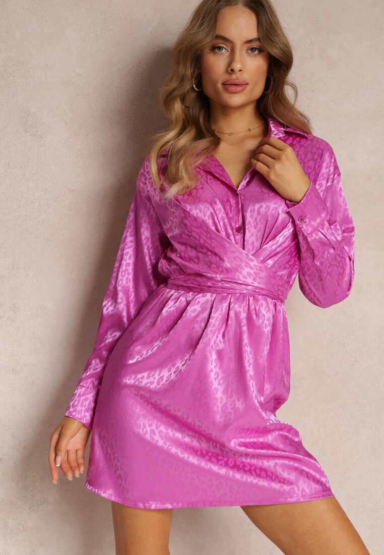 lily rose Rochie fucsia cu imprimeu leopard în relief cu guler și cordon Nynaine