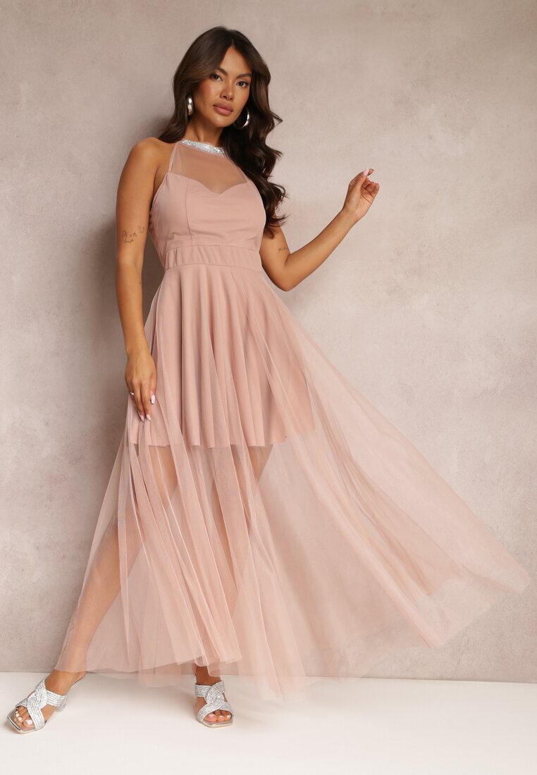 lily rose Rochie Maxi Roz cu Fason Cloș cu Tul Lung și Cirkonii Decorative Amorah