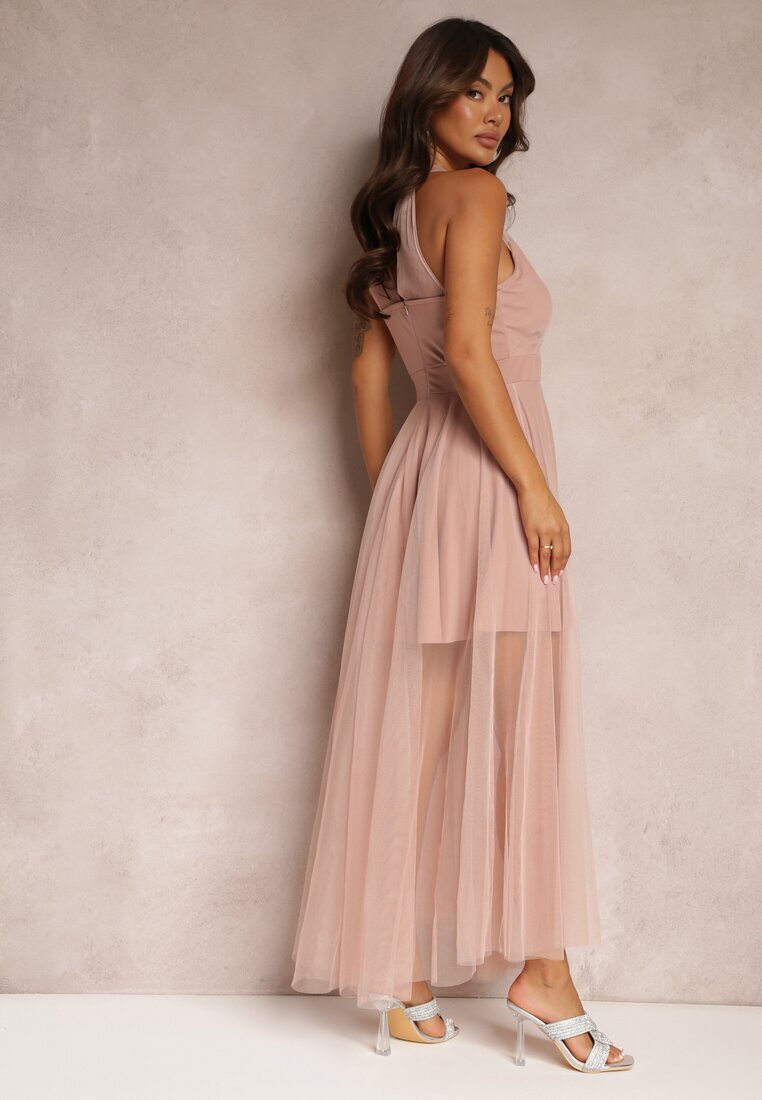 lily rose Rochie Maxi Roz cu Fason Cloș cu Tul Lung și Cirkonii Decorative Amorah