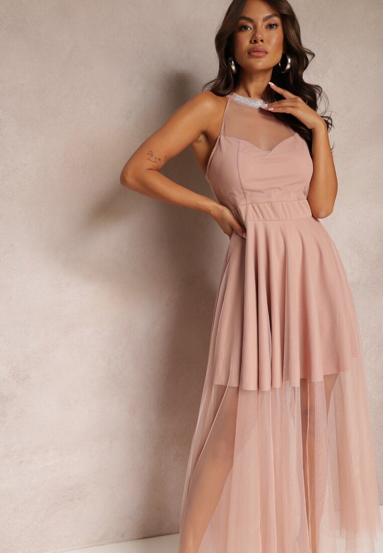 lily rose Rochie Maxi Roz cu Fason Cloș cu Tul Lung și Cirkonii Decorative Amorah