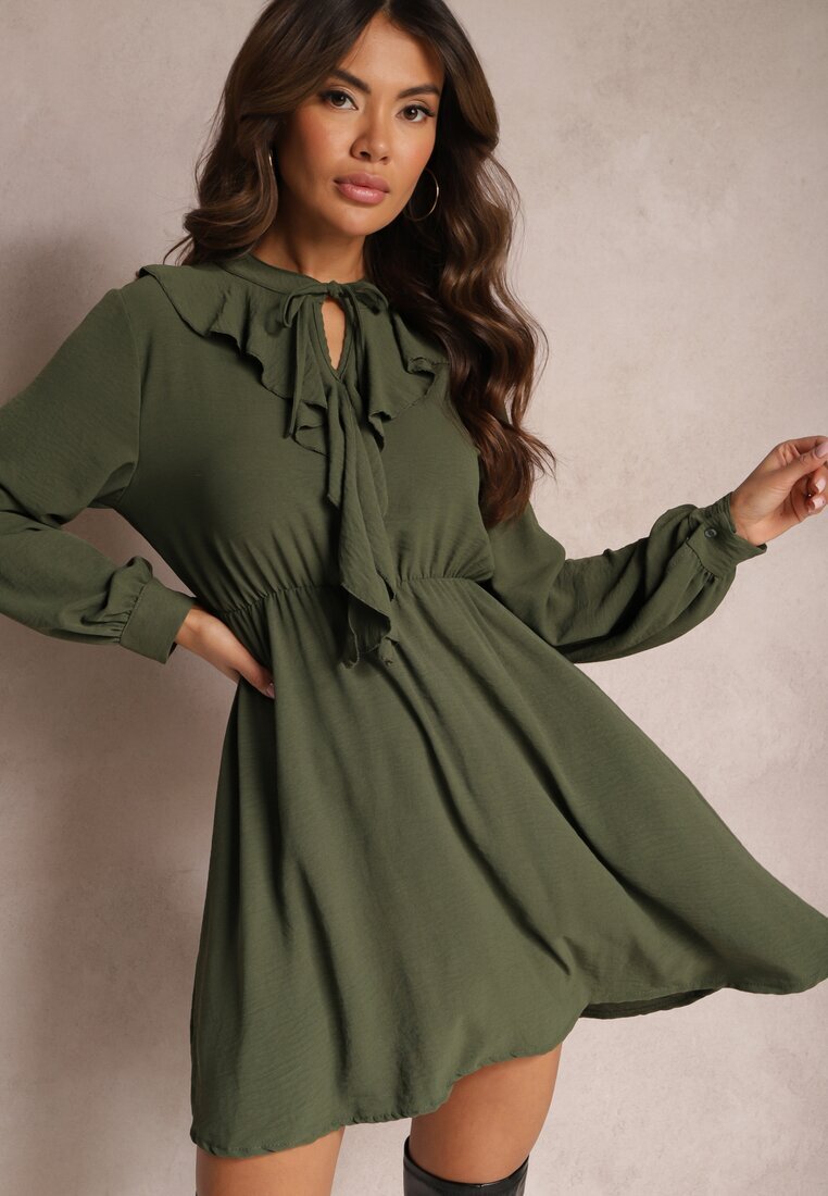 lily rose Rochie Mini Verde cu Croială Cloș cu Volane și Elastic în Talie Beranzze