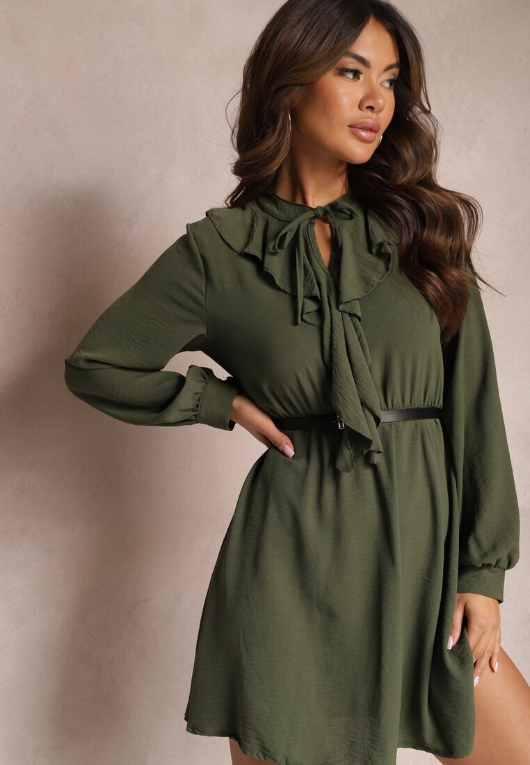 lily rose Rochie Mini Verde cu Croială Cloș cu Volane și Elastic în Talie Beranzze