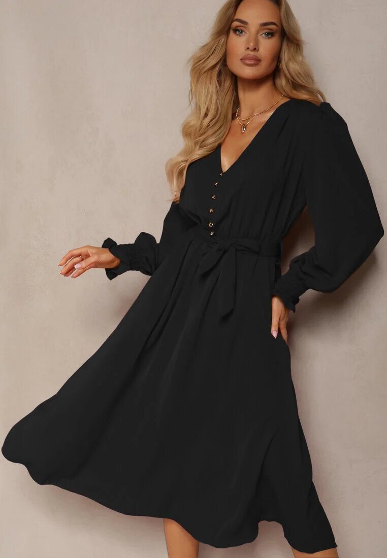 lily rose Rochie Neagră cu mânecă bufantă și curea legată Corrine