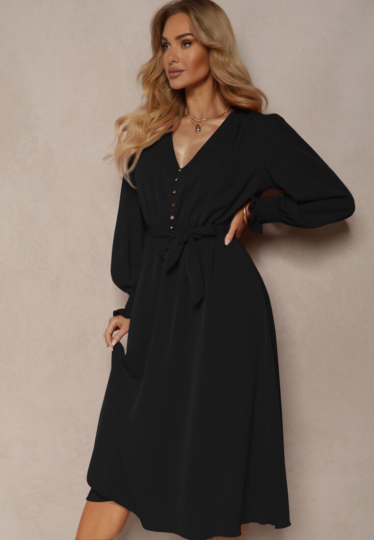 lily rose Rochie Neagră cu mânecă bufantă și curea legată Corrine