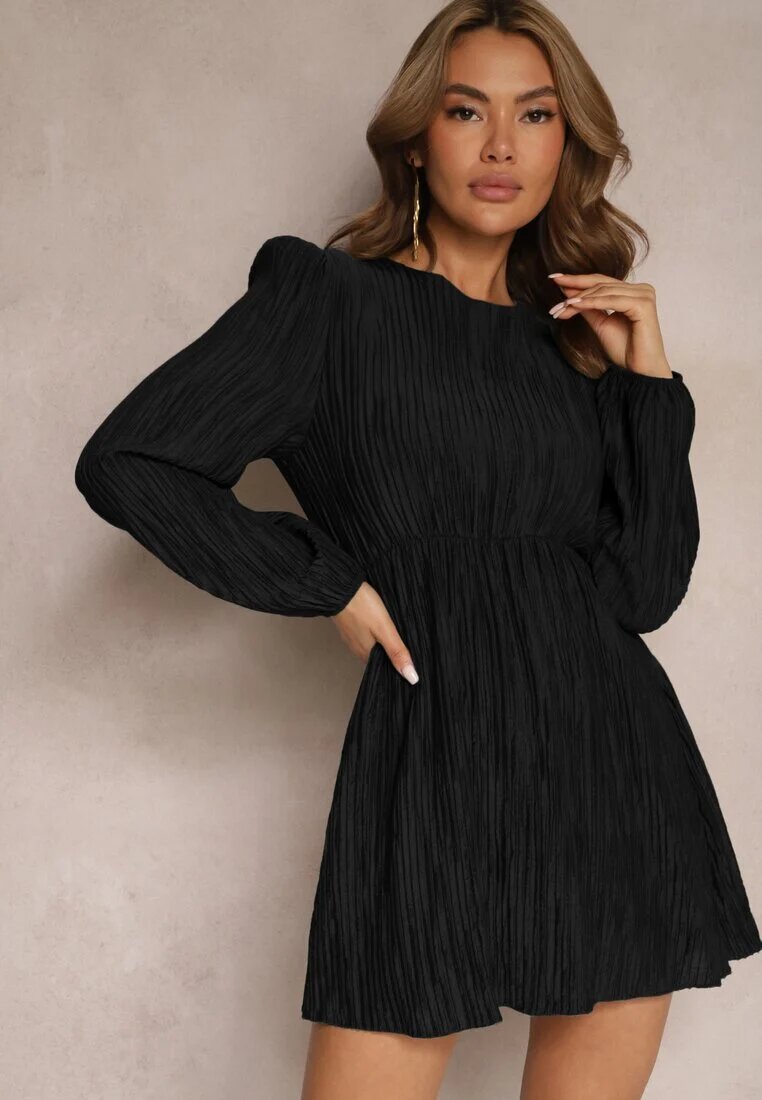 lily rose Rochie Neagră cu Mânecă Lungă Croi Cloș cu Elastic în Talie Kiofina
