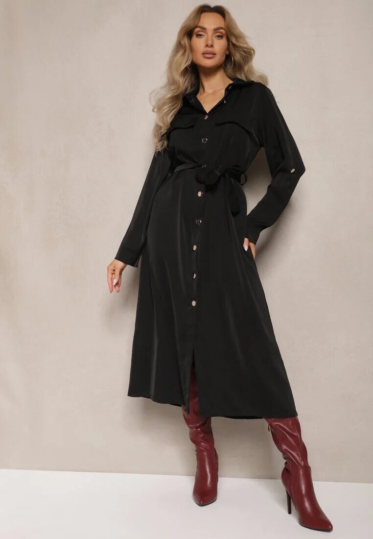 lily rose Rochie Neagră Evazată cu croială tip cămașă cu nasturi legată în talie Kortiana